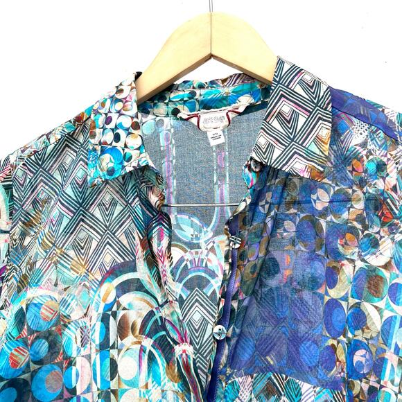 Johnny Was Workshop Klodi Ruffle Sleeve Blue Pattern Top Lightweight Blouse XS - Picture 8 of 10